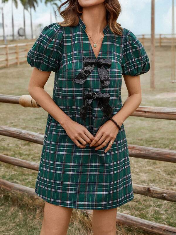 SHEIN LUNE Women's Casual Gingham Print Bowknot Puff Sleeve Dress Western Wear Women Bohemian