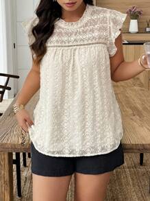 Plus Size Women Casual Floral Print Cap Sleeve Shirt, Vacation Style - Apricot - View 6