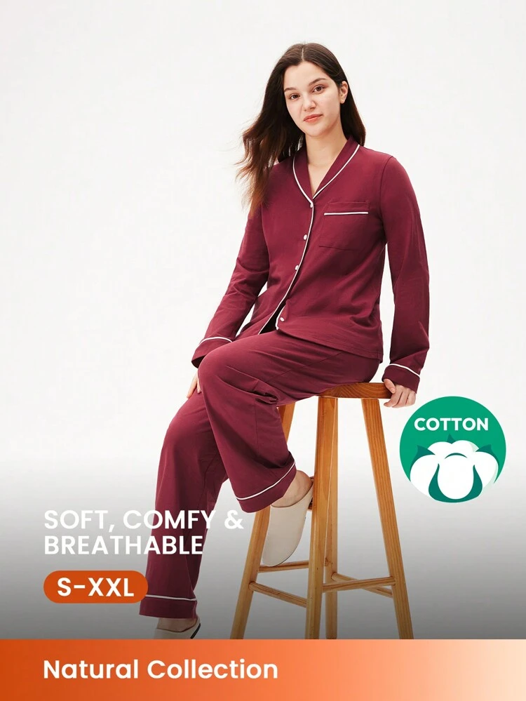 Pyjamas de Noël et du Nouvel An Automne et Hiver Rouge bourgogne et bourgogne Doux 100% coton pur Col châle Top boutonnée et pantalon Ensemble de pyjama Pantalon avec poches Ensembles de détente pour femmes Vêtements de pyjama d'automne