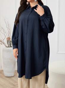 Mulvari Áo sơ mi trơn tối giản cỡ lớn, mặc hàng ngày - Màu xanh hải quân - Xem 5