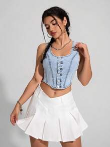 SHEIN EZwear Women's Front Button Sleeveless Casual Slim Fit Denim Top - Light Wash - View 5