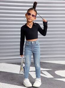 SHEIN SLAYR KIDS Young Girls' Vintage Blue Ripped Jeans, Cool Thanksgiving, Fall And Winter - Medium Wash - View 5