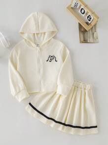 PrepCrw 年轻女孩学院风米色字母与蝴蝶结刺绣针织宽松连帽夹克/裙子套装，秋冬 - 白色 - 查看 1