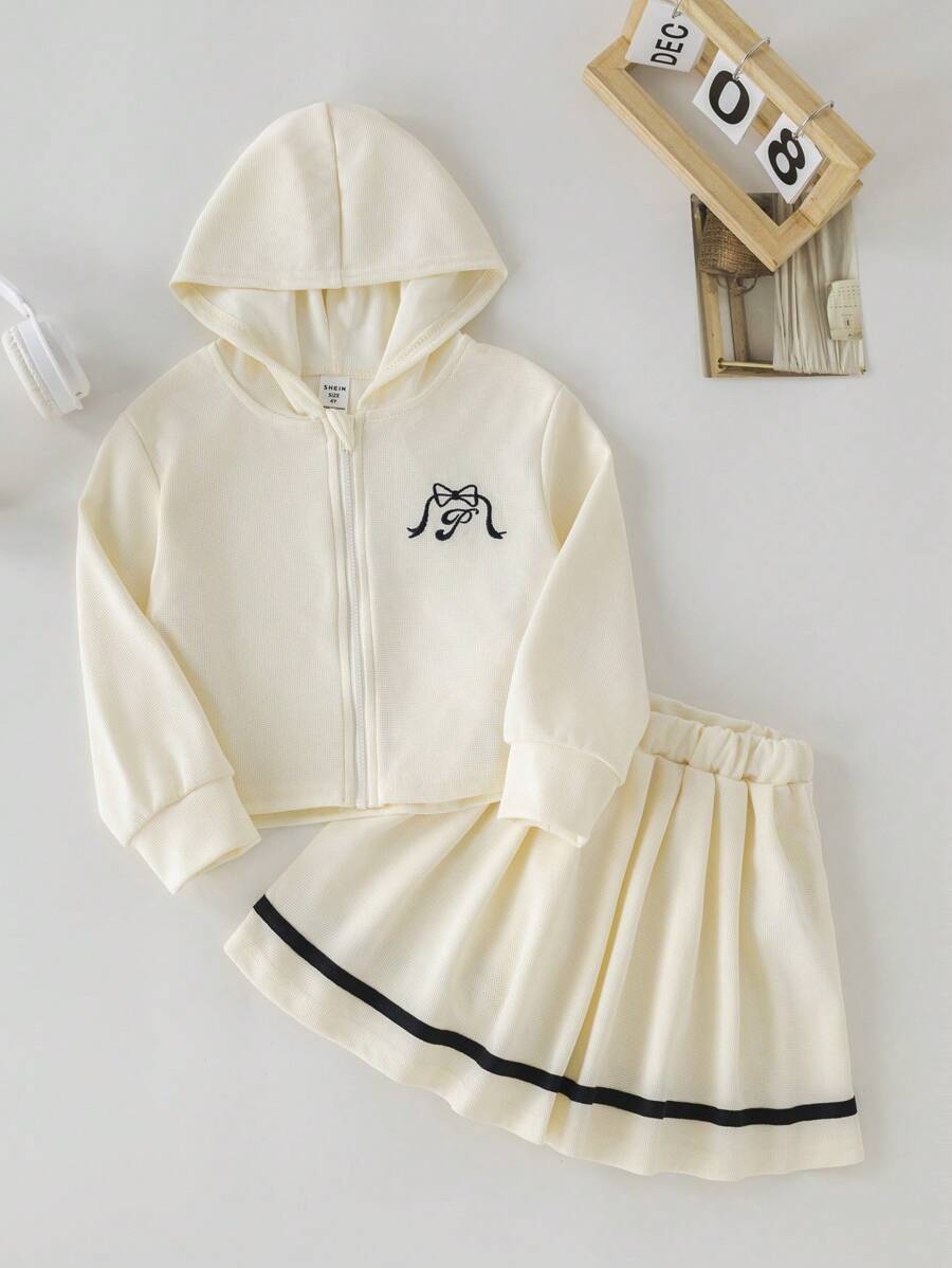 PrepCrw 年轻女孩学院风米色字母与蝴蝶结刺绣针织宽松连帽夹克/裙子套装，秋冬 - 白色 - 查看 1