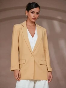SHEIN Privé Women's Plain Button-Front Long Sleeve Pocket Simple Jacket, Casual Everyday Wear Fall Cloth For Women - Khaki - View 4