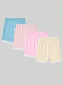Set de 4 piezas Leggings elásticos con borde floral para niña, primavera/verano
