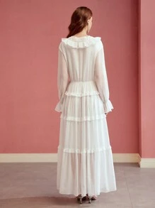 MOTF PREMIUM GATHERED CONTRAST LACE FLOWY DRESS,SPRING/SUMMER - White - View 6