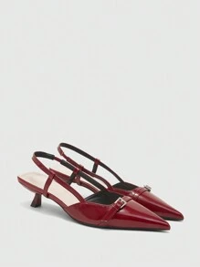 CUCCOO BIZCHIC Women's Pointed Toe Patent Leather Adjustable Buckle Strap Low Heel Flats Spring Shoes Spring Break Easter - Burgundy - View 3