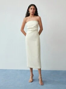 MOTF STUDIO 对比色蕾丝开衩下摆连衣裙 - 杏色 - 查看 6