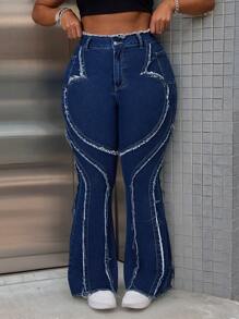 SHEIN SXY Plus Size Women Elastic Distressed Jeans With Frayed Hem Design, Skinny Flare Jeans