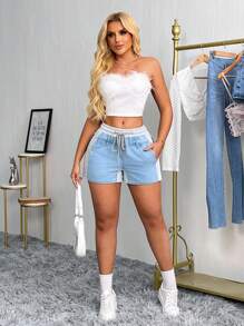 SHEIN SXY 女士纯色拼布前系带口袋简约休闲牛仔短裤 - 彩色 - 查看 5