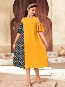 SHEIN Tween Girl Casual Resort Colorful Floral Patchwork Open Shoulder Short Sleeve Loose Maxi Woven Dress