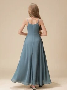 Tween Girl Wedding Party Flower Girl Elegant Sequin & Bead Embellished Chiffon Asymmetric Hem Long Dress, Birthday Party Pageant Gown