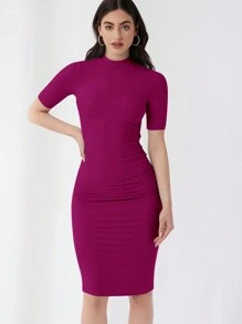 SHEIN Essnce Women's Elegant Solid Color Ruched Fitted Knit Dress - Red Violet - View 2