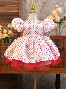 Glamorique Kids Princess Tulle Dress, Valentine's Day Satin Red Heart Print, Baby Girl Puffy Tulle Dress, Party/Festival Gown With Red Ribbon Bow, Cute Everyday Dress, All Season - White - View 2