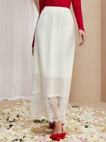 Chiquease 女士纯色撞色蕾丝松紧腰半身裙，优雅