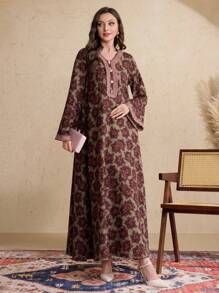 Al Najma Spring & Summer Women's Arabic Style Dress With Trumpet Sleeves, Collar And Sleeve Cuffs Pleated Ruffle,Modest - Multicolor - View 6