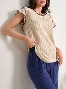 Lazeform Conjunto de ropa informal para el hogar con pantalones de mujer con cuello redondo, volantes y mangas cortas de color contrastante