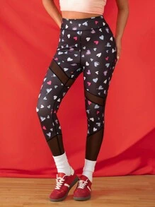SHEIN Sports Heart Mesh Splice Leggings, Casual Sportswear For Daily Wear - Black - View 5