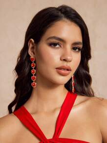 SHEIN BAE Aretes con forma de corazón rojo, flecos y rhinestones de estilo lujoso y de moda