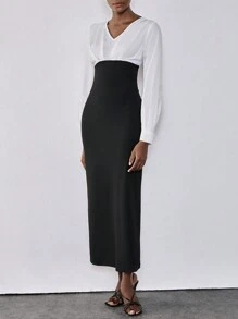 Chiquease 女士撞色 V 领长袖优雅修身长裙