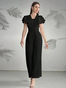 Modelyn Women's Solid Color Short Sleeve Casual Jumpsuit - Black - View 4