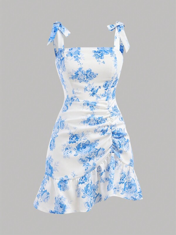 SHEIN Girlism Rochie pentru fete adolescente cu volane florale cu tivul asimetric cu fundă