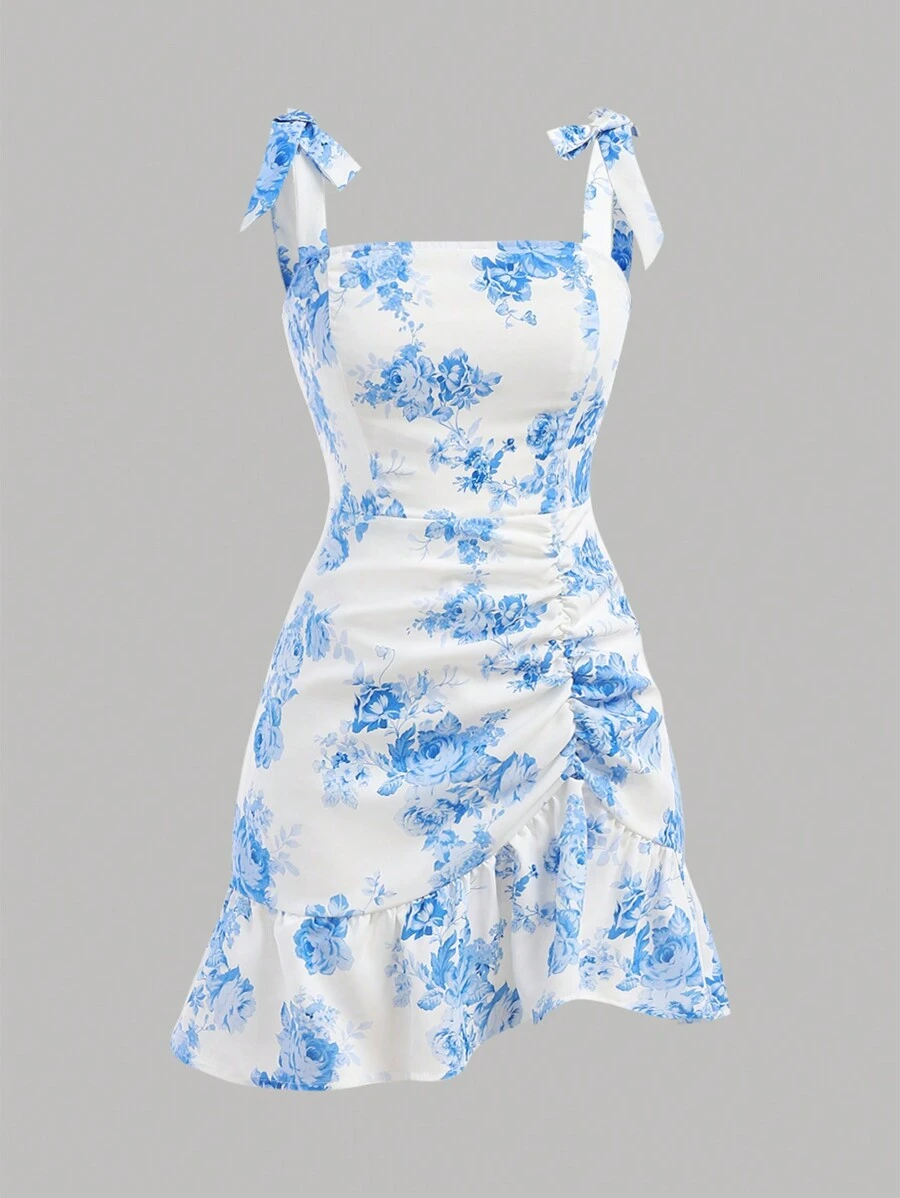 SHEIN Girlism 少女花卉荷叶边不对称下摆蝴蝶结吊带连衣裙 - 藍白色 - 查看 1