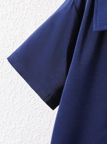 SHEIN Tween Boy Vacation Style Solid Color Turndown Collar Button-Up Fitted Woven Short Sleeve Shirt - Navy Blue - View 5