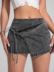 SHEIN EZwear 女士休闲水洗系带修身迷你牛仔半身裙 - 深灰色 - 查看 5