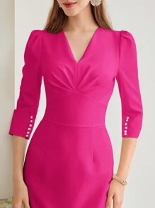 MOTF PREMIUM 褶饰开衩下摆连衣裙 - 玫紅色 - 查看 2