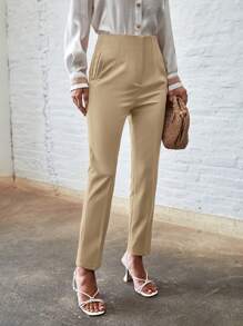 SHEIN BIZwear Women's Solid Color Pocket Simplicity Casual Long Pants - Khaki - View 4