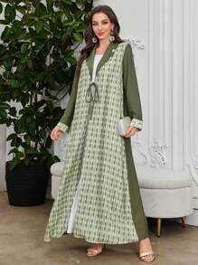 Al Najma Bata larga y suelta con estampado verde de patchwork, solapa y cinturón ajustable para mujer