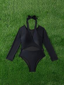 Swim SPRTY Rashguard deportivo de mujer de unicolor de manga larga con escote halter calado, para vacaciones de verano en la playa