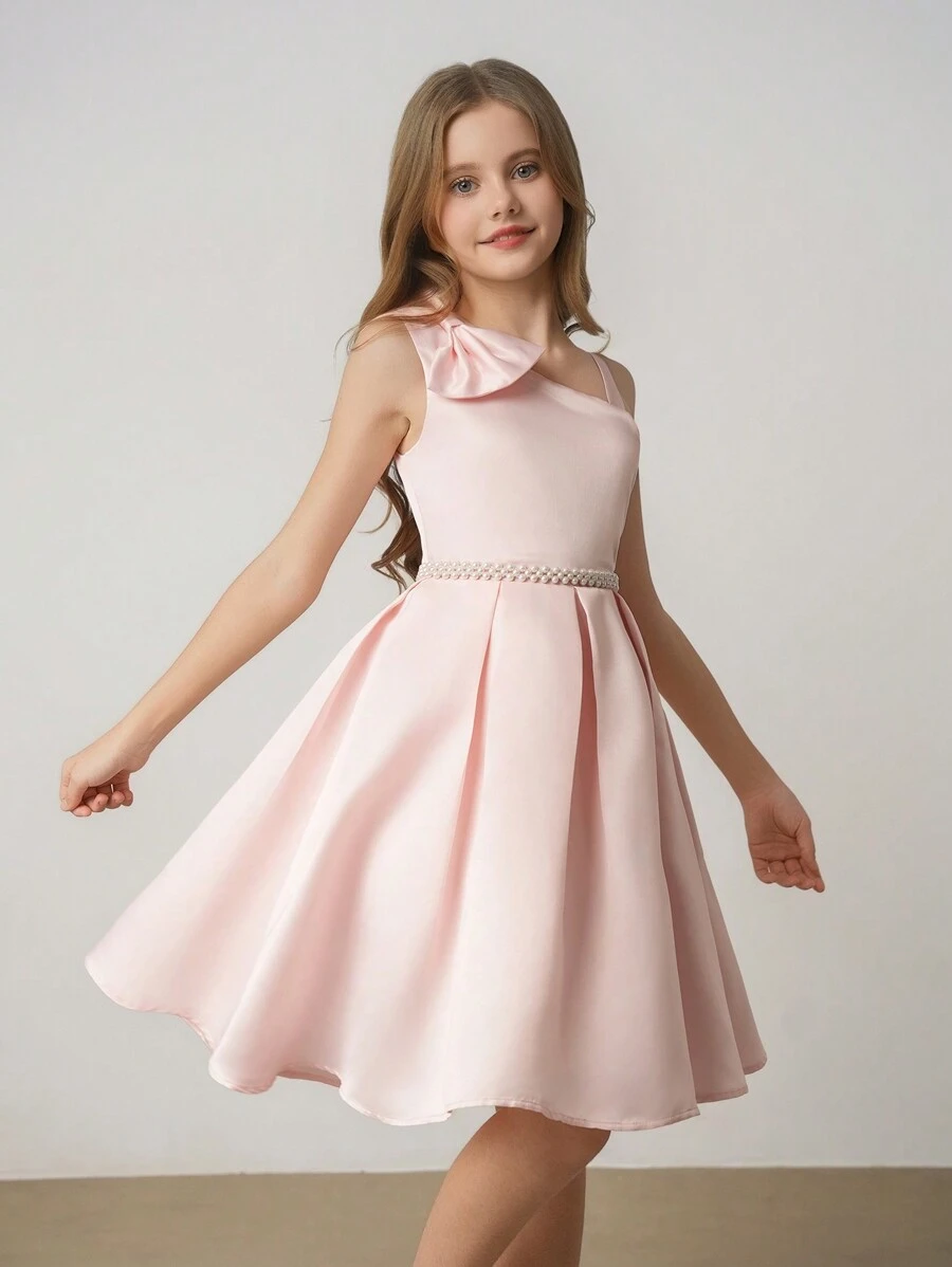 Tween Girl Sleeveless Bow Accent Gathered Waist A-Line Elegant Minimalist Wedding Flower Girl & Bridesmaid Dress With Pearl Belt - Pink - View 1