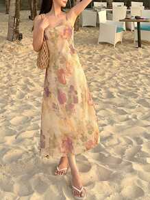 DAZY 女士全身印花吊带连衣裙，度假沙滩连衣裙，春夏邮轮旅行装，复活节女士服装 - 黃色 - 查看 10