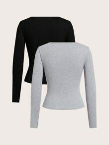 SHEIN EZwear Women's Knight Print Round Neck Long Sleeve Button-Up Casual T-Shirt - Black - View 2