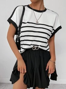 Chiquease 女士短袖 T 恤，夏季服装，拼布，条纹，色块 - 黑與白 - 查看 6