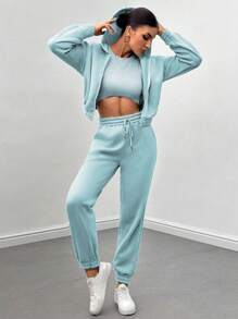 SHEIN LUNE Conjunto Feminino De Moletom Com Capuz E Zíper Frontal, Cropped, Colete E Calça - Azul bebê - Visão 3