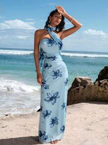 Opulessa Women's Long Knit Mesh Printed Bodycon Dress - Blue - View 7
