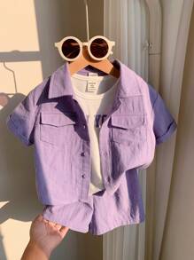3pcs/Set Young Boy Solid Color Collar Short Sleeve Shirt, Letter Print Knit Soft Round Neck Tank Top And Elastic Waist Shorts - Purple - View 8