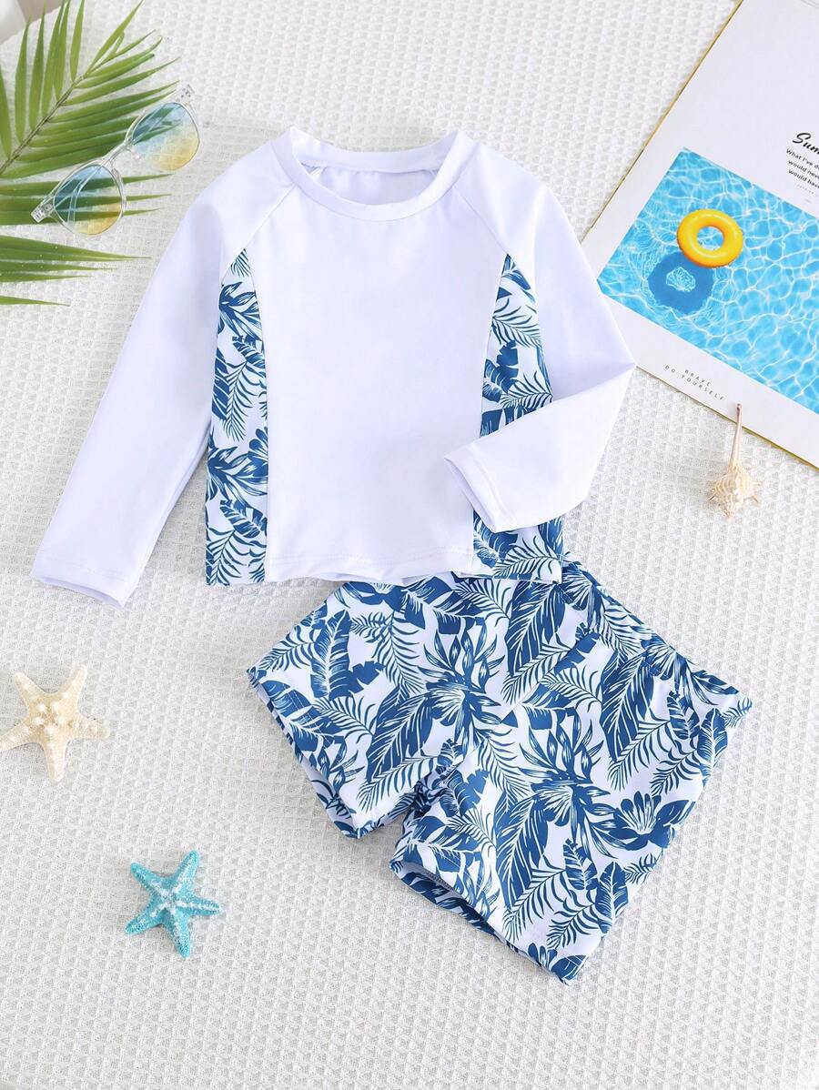 SHEIN Bộ đồ bơi dài tay in họa tiết lá cọ cho bé trai/bé gái, đồ đi biển thường ngày phù hợp cho mùa xuân, hè, thu, đông, bãi biển, hồ bơi, khu nghỉ dưỡng - trắng - Xem 1