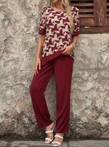 EMERY ROSE Women's Summer Geometric Pattern Shirt And Straight-Leg Pants Set - Red - View 4