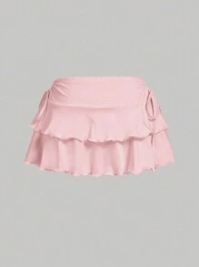 SHEIN Tall Drawstring Waistband Cake Skirt Simple Fashionable Daily Casual - Baby Pink - View 3