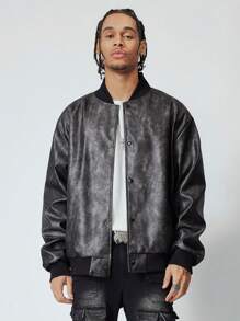 ROMWE MEN Grunge Punk Men's Retro Letter Embossed Bomber Jacket