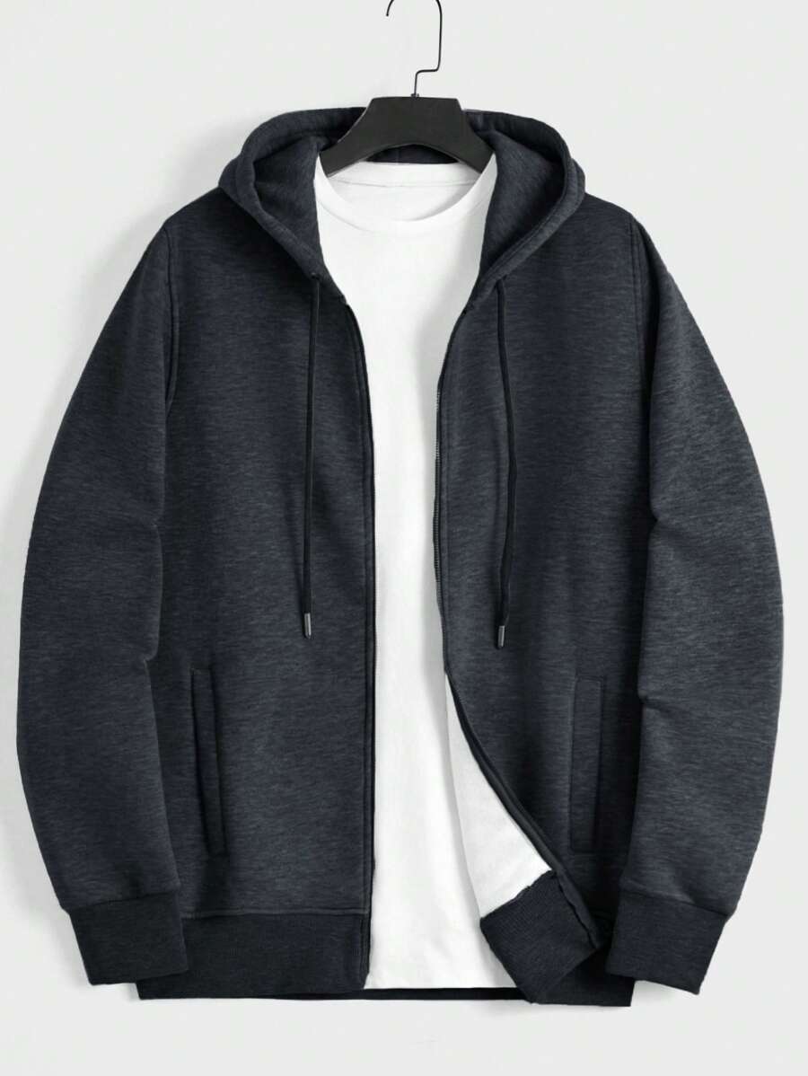 EURMUSE Men's Solid Color Long Sleeve Zip Front Hoodie For Autumn & Winter - Dark Grey - View 1