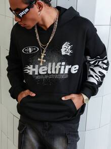PAVTROS Best - Selling On INS! This Is A Black Street - Style Hoodie For Young Men. The Back Design Is Eye - Catching. Against A White Flame - Outline Background, There Is A Red Pattern In The Center Of The Flames. The Overall Style Is Flamboyant , Making It Perfect For Street - Style Enthusiasts Who Pursue Individuality.Men's Character Print Long Sleeve Casual Hoodie