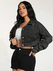 SHEIN PETITE Women's Front Button Long Sleeve Pocket Casual Denim Jacket