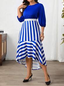 SHEIN Clasi Plus Size Elegant Striped Splice Fishtail Hem Dress - Blue and White - View 5