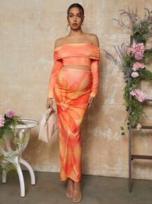 MaterniChic 1 件露肩上衣和 1 件可调节腰部扎染紧身裙孕妇两件套，秋季情人节 - 彩色 - 查看 3